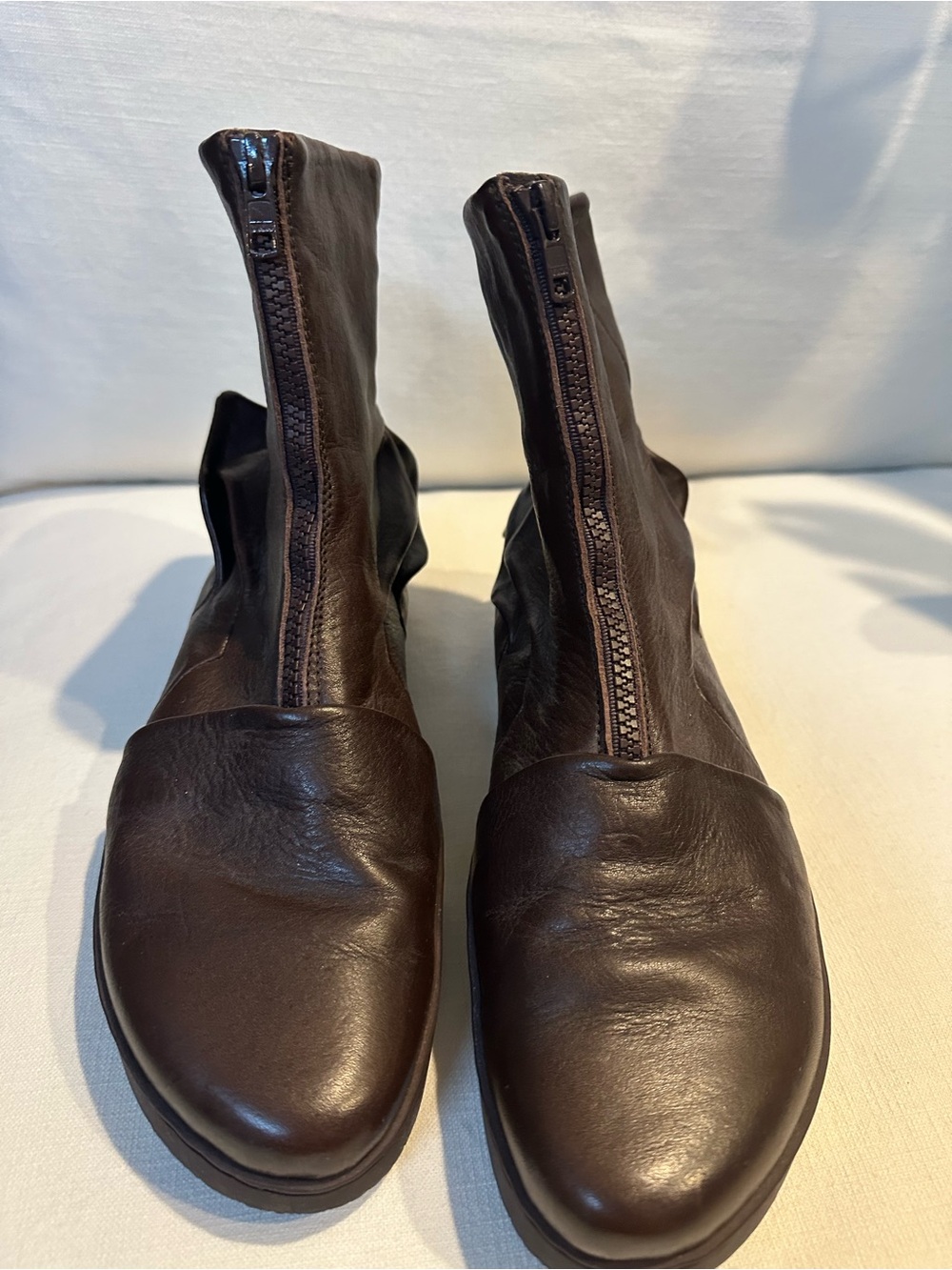 Trippen Front-Zip Leather Ankle Booties in Dark Brown